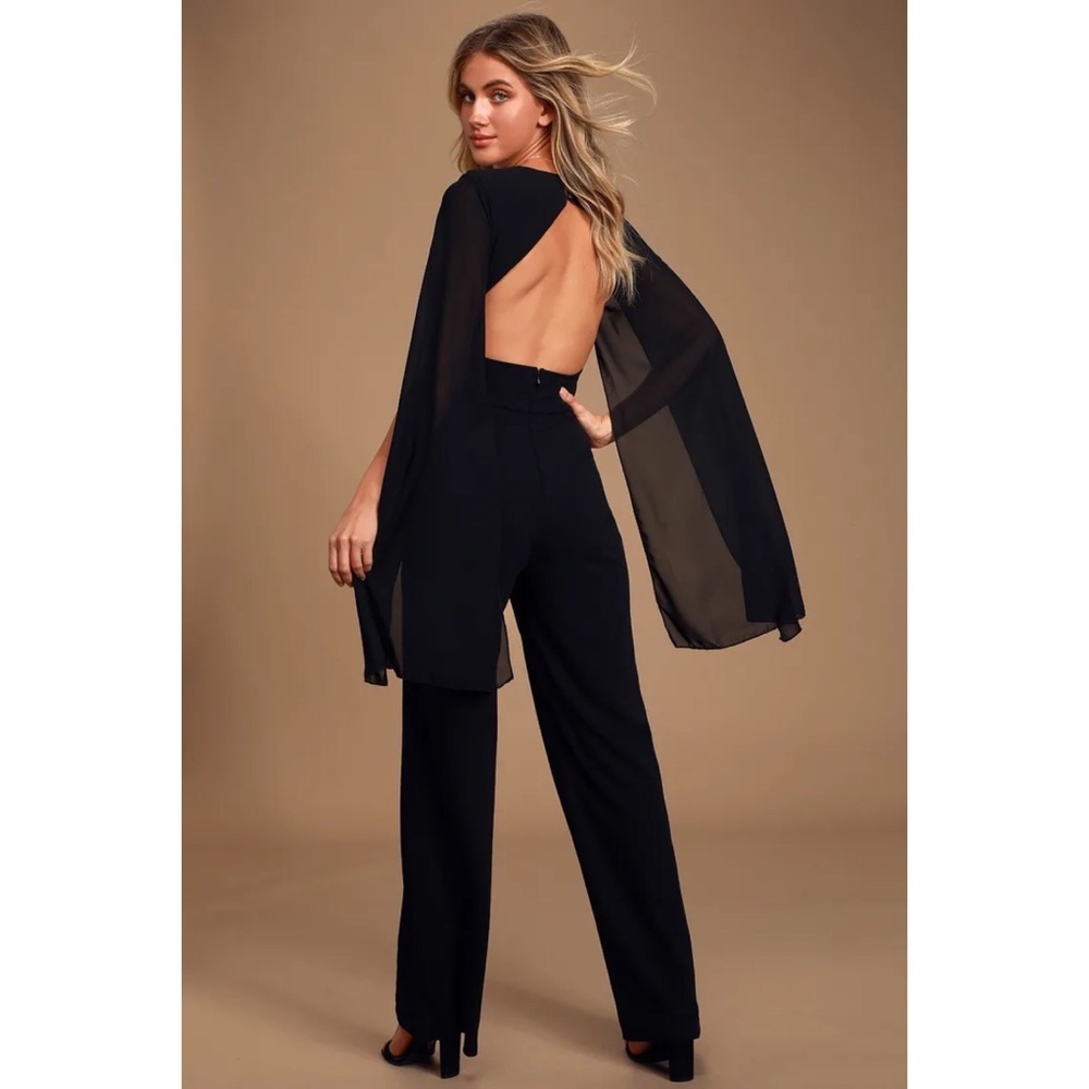 Lulu’s “Weekender” Black Backless Cape Sleeve Sexy Deep Vneck Formal Jumpsuit - Picture 4 of 11